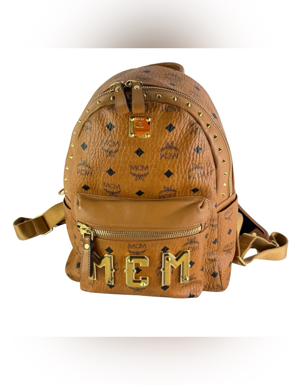 MCM Cognac Canvas Leather Visetos Monogram Studded Backpack
